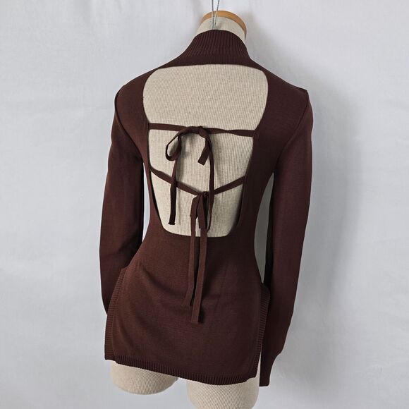 Forever 21 Sweater Women's Small Brown Mock Neck Open Back w/ Ties Side Slits - Picture 15 of 16